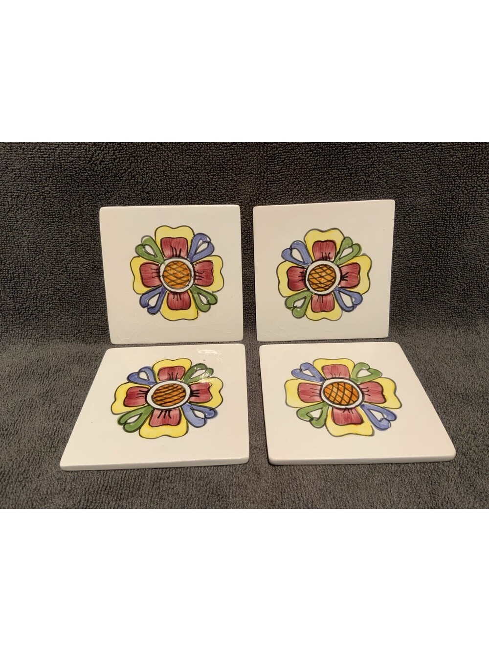 VTG 1998 International Silver Co. Set of 4 Hand Painted 3.5” x 3.5” Coaster Set